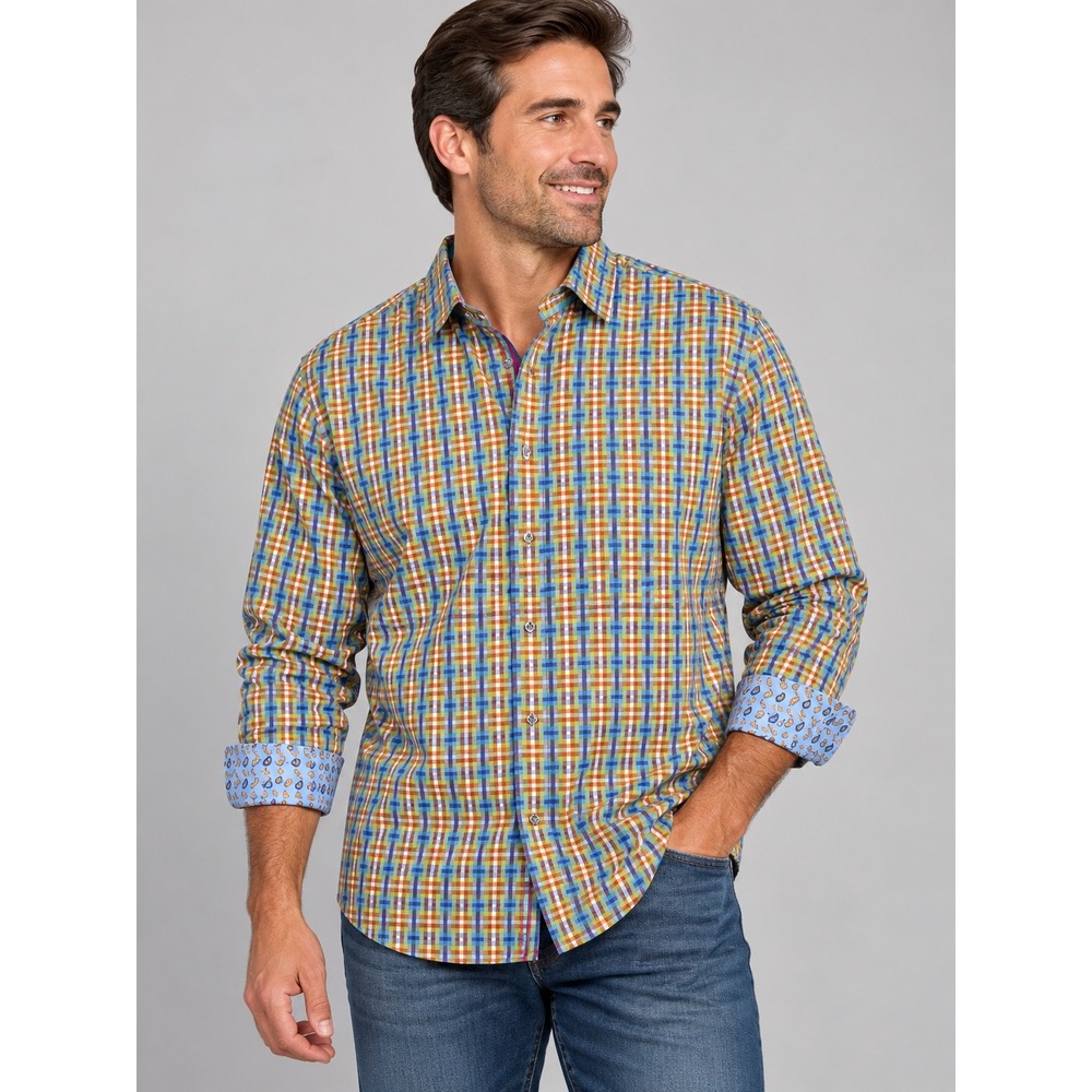 Robert Graham Mens Large Plaid Button Down Wearable Art Shirt Silk Trim Paisley